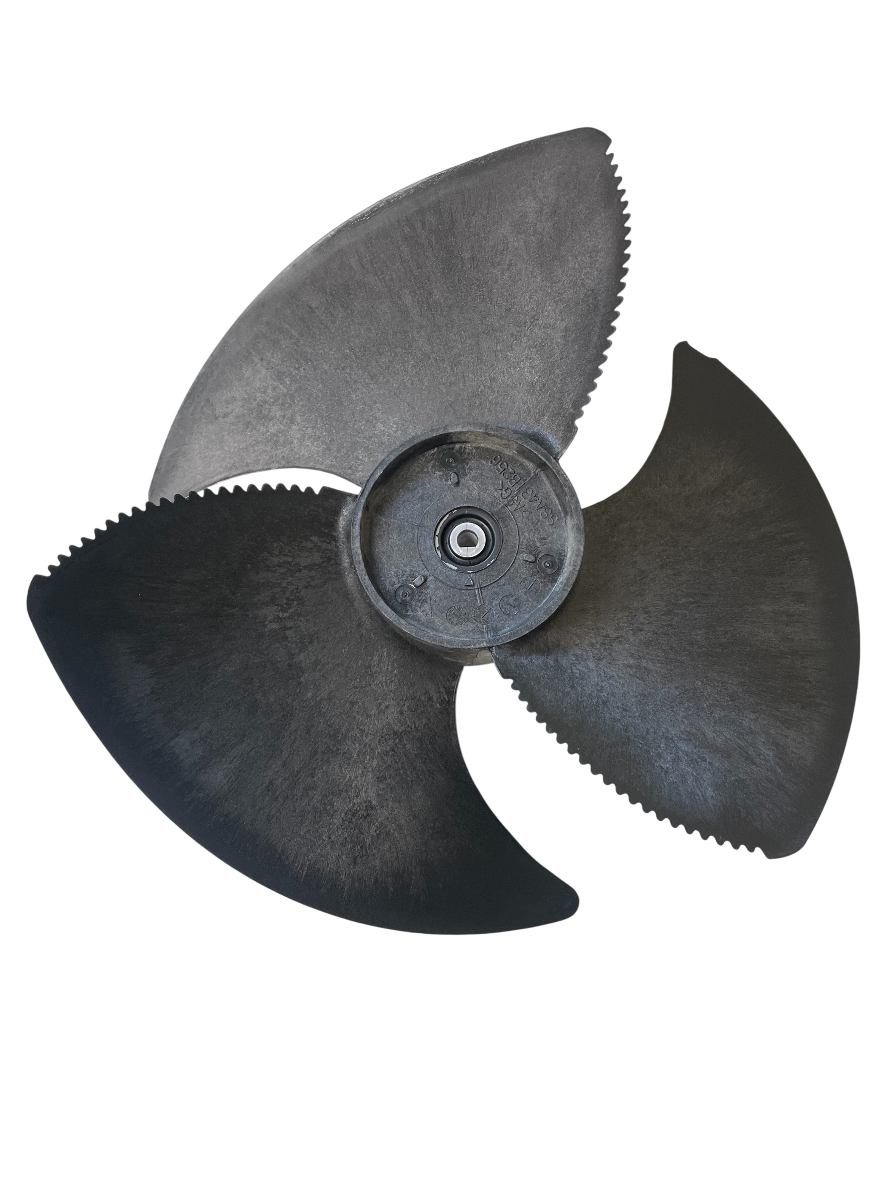 A three-blade metal propeller or fan blade with serrated edges, shown against a plain white background.