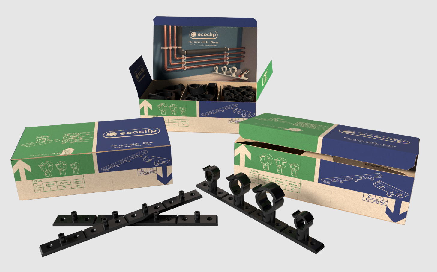 Black pipe clips in a pack